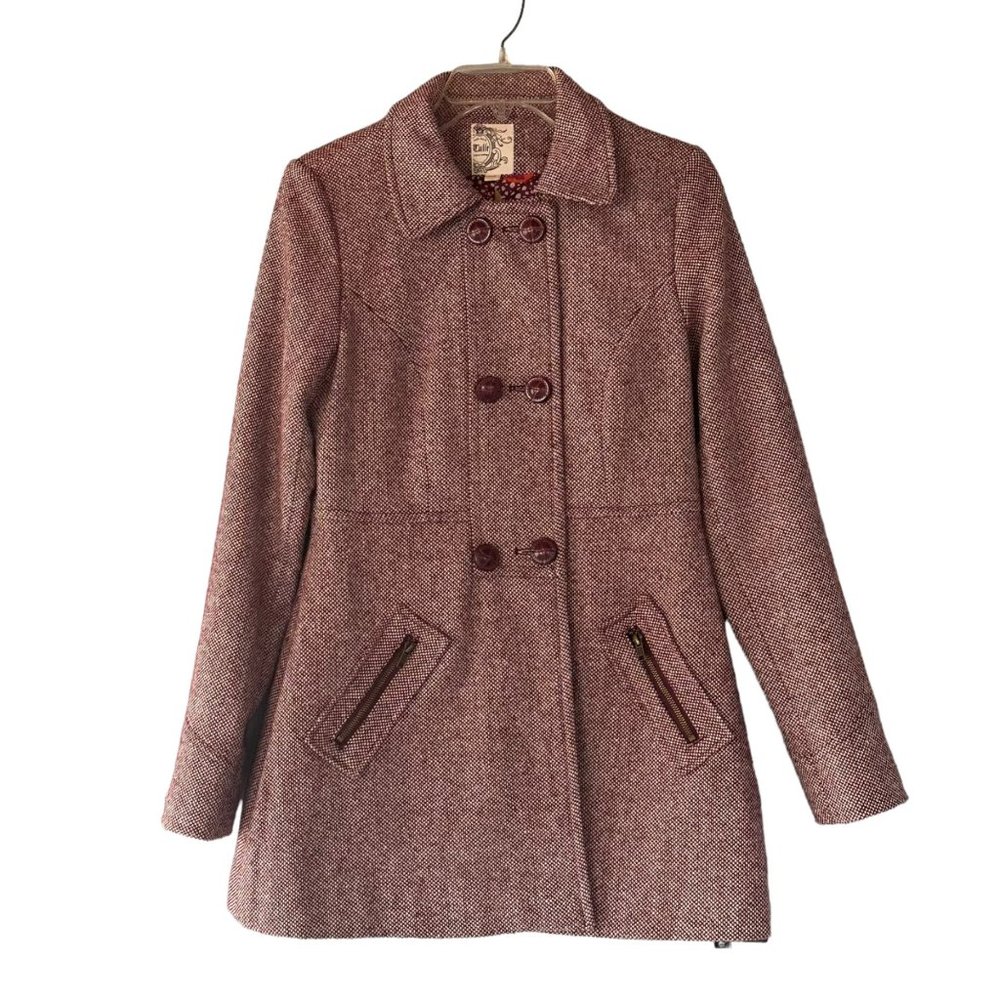Tulle Y2k Tweed Pea Coat Medium Wool Blend Eggplant Wine Metallic Glimmer